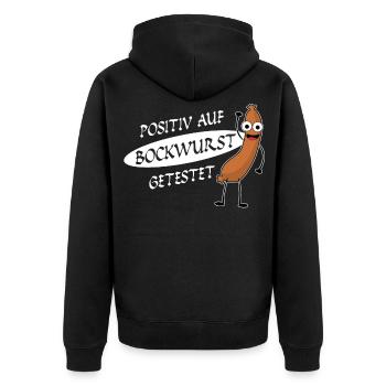 Bockwurst Wurst Positiv Bratwurst - Unisex Premium Bio Zip Hoodie - Schwarz - Hinten - Nico (187cm)