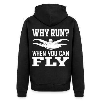 Warum laufen, wenn man fliegen kann? Schwimmen - Unisex Premium Bio Zip Hoodie - Schwarz - Hinten - Nico (187cm)