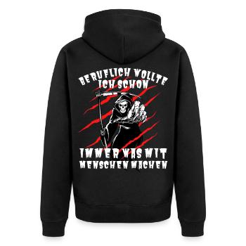Beruflich wollte ich schon immer was mit Menschen - Unisex Premium Bio Zip Hoodie - Schwarz - Hinten - Nico (187cm)
