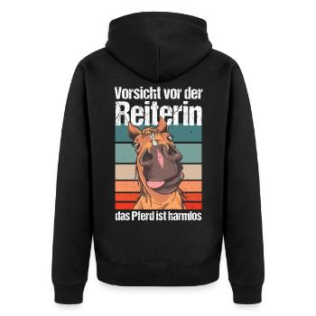 Vorsicht vor der Reiterin das Pferd ist harmlos - Unisex Premium Bio Zip Hoodie - Schwarz - Hinten - Nico (187cm)