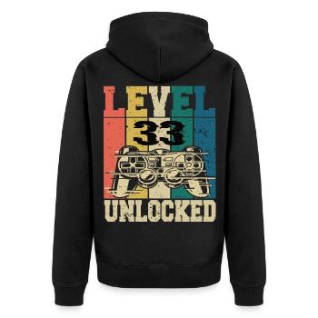 Level 33 Unlocked - Unisex Premium Organic Zip Hoodie - black - Back - Nico (187cm)