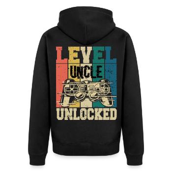 Level Uncle Unlocked - Unisex Premium Organic Zip Hoodie - black - Back - Nico (187cm)