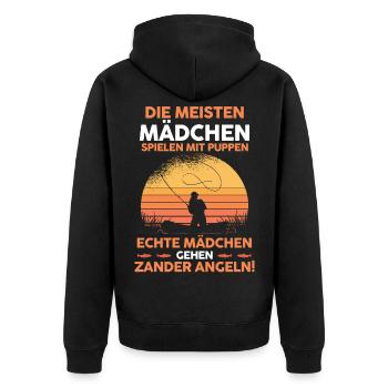 Angeln Anglerun Zander Fischer - Unisex Premium Bio Zip Hoodie - Schwarz - Hinten - Nico (187cm)