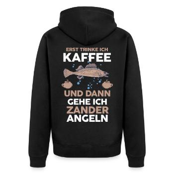 Angeln Kaffee Zander Angler - Unisex Premium Bio Zip Hoodie - Schwarz - Hinten - Nico (187cm)