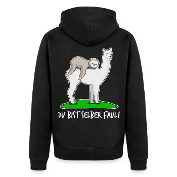Faultier faul mit Alpaka Faultiere - Unisex Premium Bio Zip Hoodie - Schwarz - Hinten - Nico (187cm)