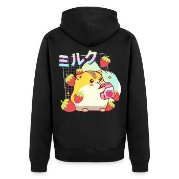 Erdbeeren Milchshake Hamster - Unisex Premium Bio Zip Hoodie - Schwarz - Hinten - Nico (187cm)