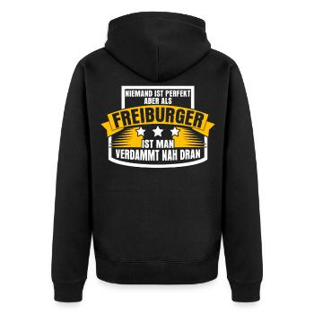 Freiburger sind perfekt Freiburg - Unisex Premium Bio Zip Hoodie - Schwarz - Hinten - Nico (187cm)