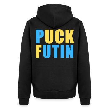 Ukraine Flagge, ich stehe mit der Ukraine, FK Putin, Anti - Unisex Premium Bio Zip Hoodie - Schwarz - Hinten - Nico (187cm)