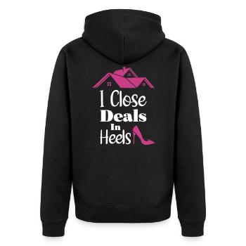 I Close Deals In Heels - Unisex Premium Bio Zip Hoodie - Schwarz - Hinten - Nico (187cm)