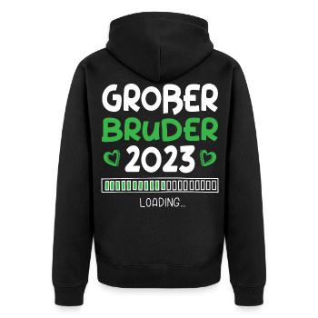 Großer Bruder 2023 Loading Herz - Unisex Premium Bio Zip Hoodie - Schwarz - Hinten - Nico (187cm)