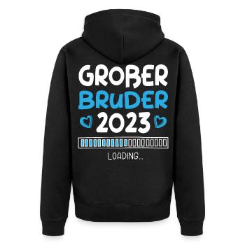 Großer Bruder 2023 Loading Herz - Unisex Premium Bio Zip Hoodie - Schwarz - Hinten - Nico (187cm)