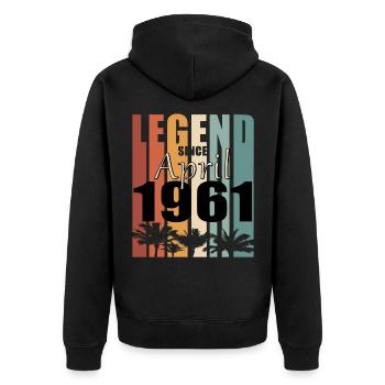 Legende geboren 1961 April Jahrgang - Unisex Premium Bio Zip Hoodie - Schwarz - Hinten - Nico (187cm)