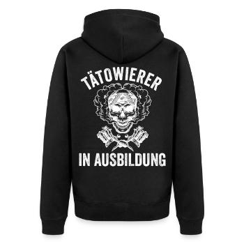 Tätowiert Tattoostudio Azubi Tätowierer - Unisex Premium Bio Zip Hoodie - Schwarz - Hinten - Nico (187cm)