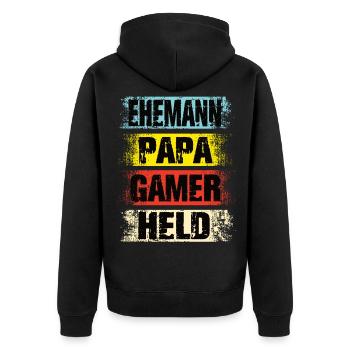 Ehemann Papa Gamer Held - Unisex Premium Bio Zip Hoodie - Schwarz - Hinten - Nico (187cm)