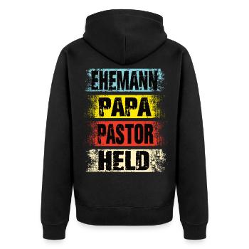 Ehemann Papa Pastor Held - Unisex Premium Bio Zip Hoodie - Schwarz - Hinten - Nico (187cm)