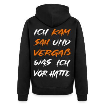 Ich kam sah und vergaß - Unisex Premium Bio Zip Hoodie - Schwarz - Hinten - Nico (187cm)