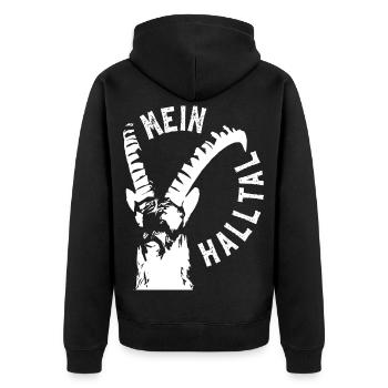 MEIN HALLTAL Steinbock - Unisex Premium Bio Zip Hoodie - Schwarz - Hinten - Nico (187cm)