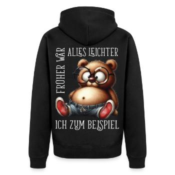 dicke Teddybär mit Jeans Sneaker lustige Sprüche - Unisex Premium Bio Zip Hoodie - Schwarz - Hinten - Nico (187cm)