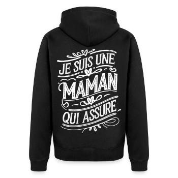 Ich bin eine Mutter, die versichert - Unisex Premium Bio Zip Hoodie - Schwarz - Hinten - Nico (187cm)