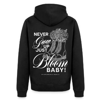 Bloom Boots Never Grow Up - Unisex Premium Bio Zip Hoodie - Schwarz - Hinten - Nico (187cm)