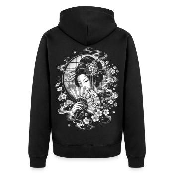 Japanese Geisha with Fan in Tattoo Style - Unisex Premium Organic Zip Hoodie - black - Back - Nico (187cm)
