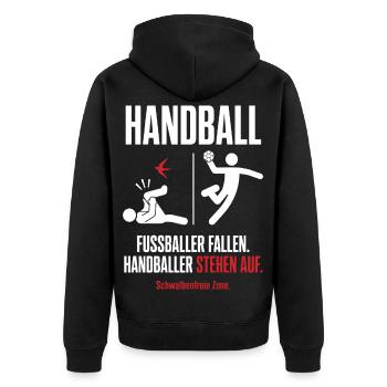 Schwalbenfreie Zone – Handball vs Fußball - Unisex Premium Bio Zip Hoodie - Schwarz - Hinten - Nico (187cm)