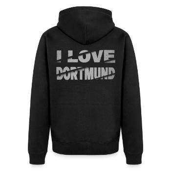Dortmund Allemagne City Font Skyline J’adore - Veste à capuche bio Premium Unisexe - noir - Dos - Nico (187cm)