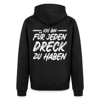 Ich bin für jeden Dreck zu haben Spruch Müllabfuhr - Unisex Premium Bio Zip Hoodie - Schwarz - Hinten - Nico (187cm)
