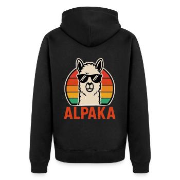Cooles Alpaka – Retro Style Funshirt mit Sonnenbri - Unisex Premium Bio Zip Hoodie - Schwarz - Hinten - Nico (187cm)
