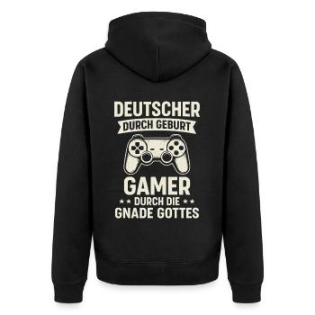 Allemand et joueur - Dicton du jeu - Veste à capuche bio Premium Unisexe - noir - Dos - Nico (187cm)