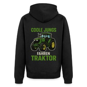 Cool Guys Driving Tractor – Farm Saying - Unisex Premium Organic Zip Hoodie - black - Back - Nico (187cm)