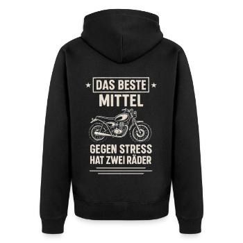 Motorrad gegen Stress – Zwei Räder Heilmittel - Unisex Premium Bio Zip Hoodie - Schwarz - Hinten - Nico (187cm)