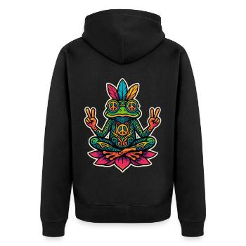 Hippie Frosch – Peace & Meditation Design - Unisex Premium Bio Zip Hoodie - Schwarz - Hinten - Nico (187cm)