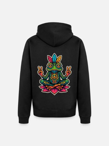 Hippie Frog – Peace & Meditation Design - Unisex Premium Organic Zip Hoodie - black