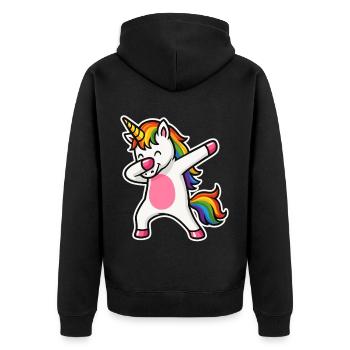 Dabbing Einhorn – Regenbogenpower & Spaß - Unisex Premium Bio Zip Hoodie - Schwarz - Hinten - Nico (187cm)