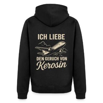 Ich liebe den Geruch von Kerosin - Unisex Premium Bio Zip Hoodie - Schwarz - Hinten - Nico (187cm)