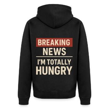 Breaking News – I'm Hungry Shirt - Unisex Premium Organic Zip Hoodie - black - Back - Nico (187cm)