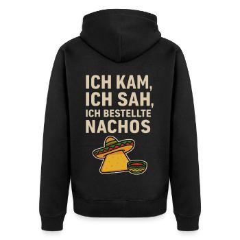 Ich kam ich sah ich bestellte Nachos Shirt - Unisex Premium Bio Zip Hoodie - Schwarz - Hinten - Nico (187cm)