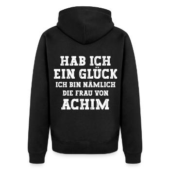 Ich bin die Frau von Achim Hochzeit - Unisex Premium Bio Zip Hoodie - Schwarz - Hinten - Nico (187cm)
