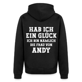 Ich bin die Frau von Andy Hochzeit - Unisex Premium Bio Zip Hoodie - Schwarz - Hinten - Nico (187cm)