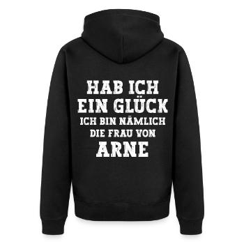 Ich bin die Frau von Arne Hochzeit - Unisex Premium Bio Zip Hoodie - Schwarz - Hinten - Nico (187cm)