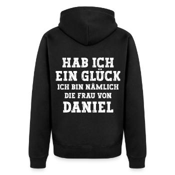 Ich bin die Frau von Daniel Hochzeit - Unisex Premium Bio Zip Hoodie - Schwarz - Hinten - Nico (187cm)