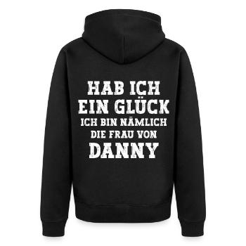 Ich bin die Frau von Danny Hochzeit - Unisex Premium Bio Zip Hoodie - Schwarz - Hinten - Nico (187cm)