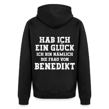 Ich bin die Frau von Benedikt Hochzeit - Unisex Premium Bio Zip Hoodie - Schwarz - Hinten - Nico (187cm)
