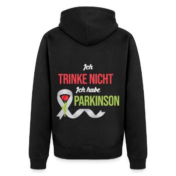 Ich trinke nicht Ich habe Parkinson - Unisex Premium Bio Zip Hoodie - Schwarz - Hinten - Nico (187cm)