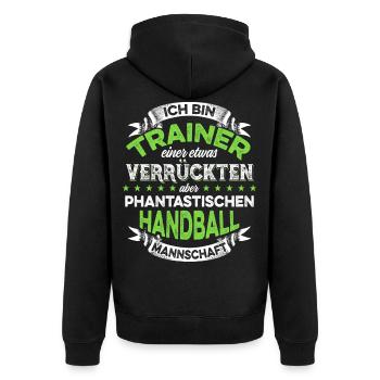 Trainer einer verrückten Handball Mannschaft - Unisex Premium Bio Zip Hoodie - Schwarz - Hinten - Nico (187cm)