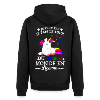 Unicorn Shirt - I go around the world Gift - Unisex Premium Organic Zip Hoodie - black - Back - Nico (187cm)