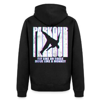 Parkour Freerunning Le Parcour Traceur Geschenk - Unisex Premium Bio Zip Hoodie - Schwarz - Hinten - Nico (187cm)