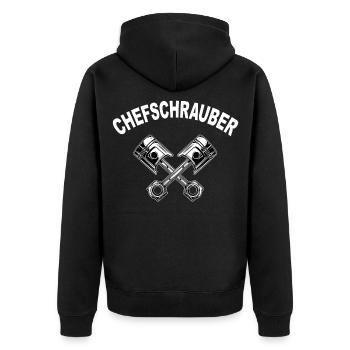 Schrauber Kolben Motor KFZ Mechaniker Chef - Unisex Premium Bio Zip Hoodie - Schwarz - Hinten - Nico (187cm)