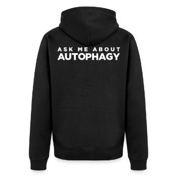 Fragen Sie mich nach Autophagie Intermittierendes Fasten OMAD - Unisex Premium Bio Zip Hoodie - Schwarz - Hinten - Nico (187cm)